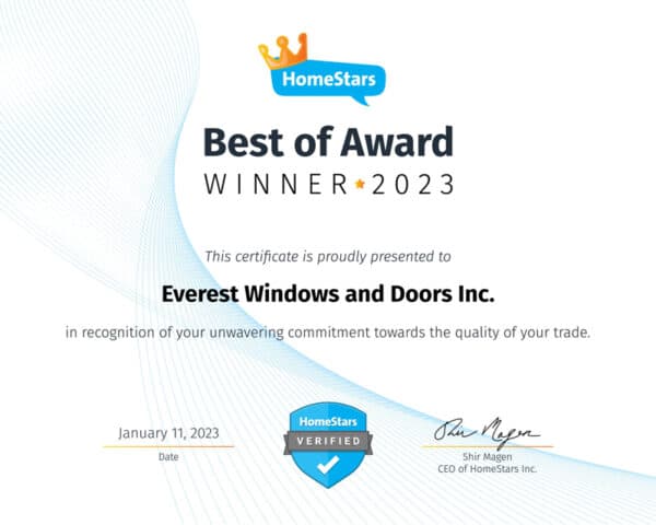 HomeStars Best of Award Certificate 2023 – Windows and Doors