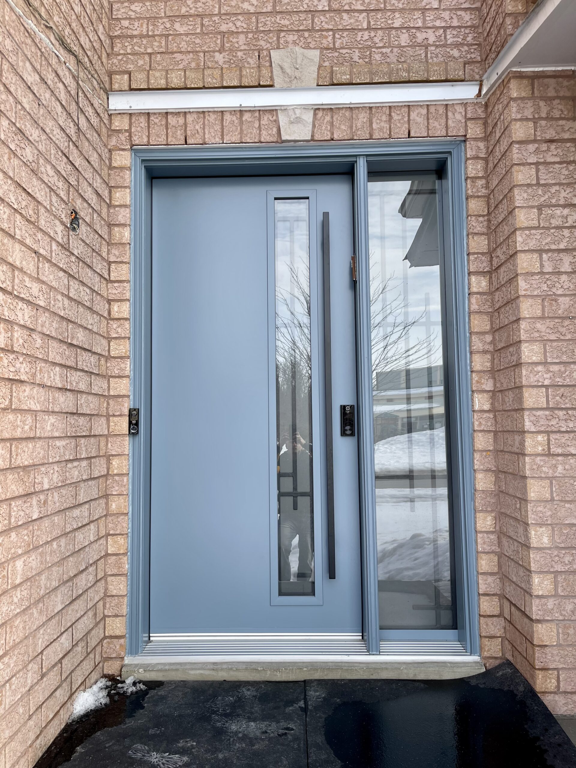 fiberglass blue front door with sidelight